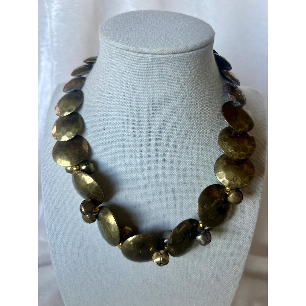 Vintage Brutalist Brass Disc Necklace MCM Statement‎ Artisan Hammered